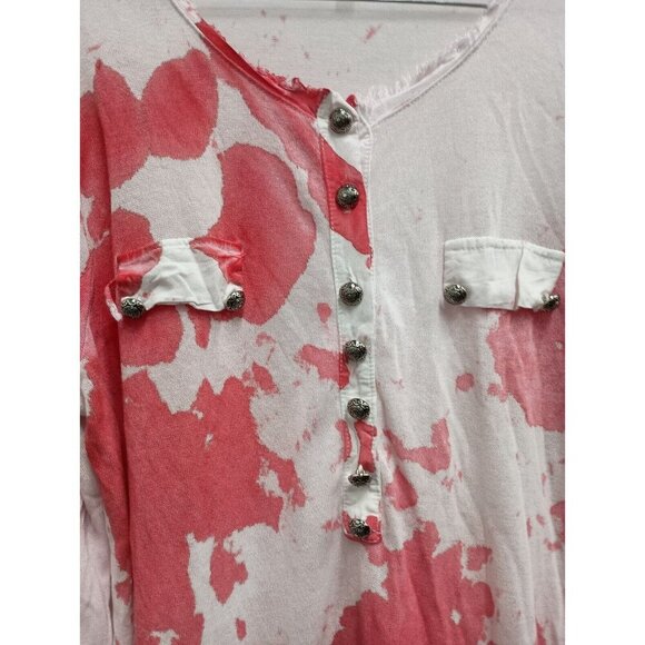 Tempo Paris Womens Tunic Top Size XL White Red Tie Dye Henley Long Sleeve Hippie - Picture 2 of 6